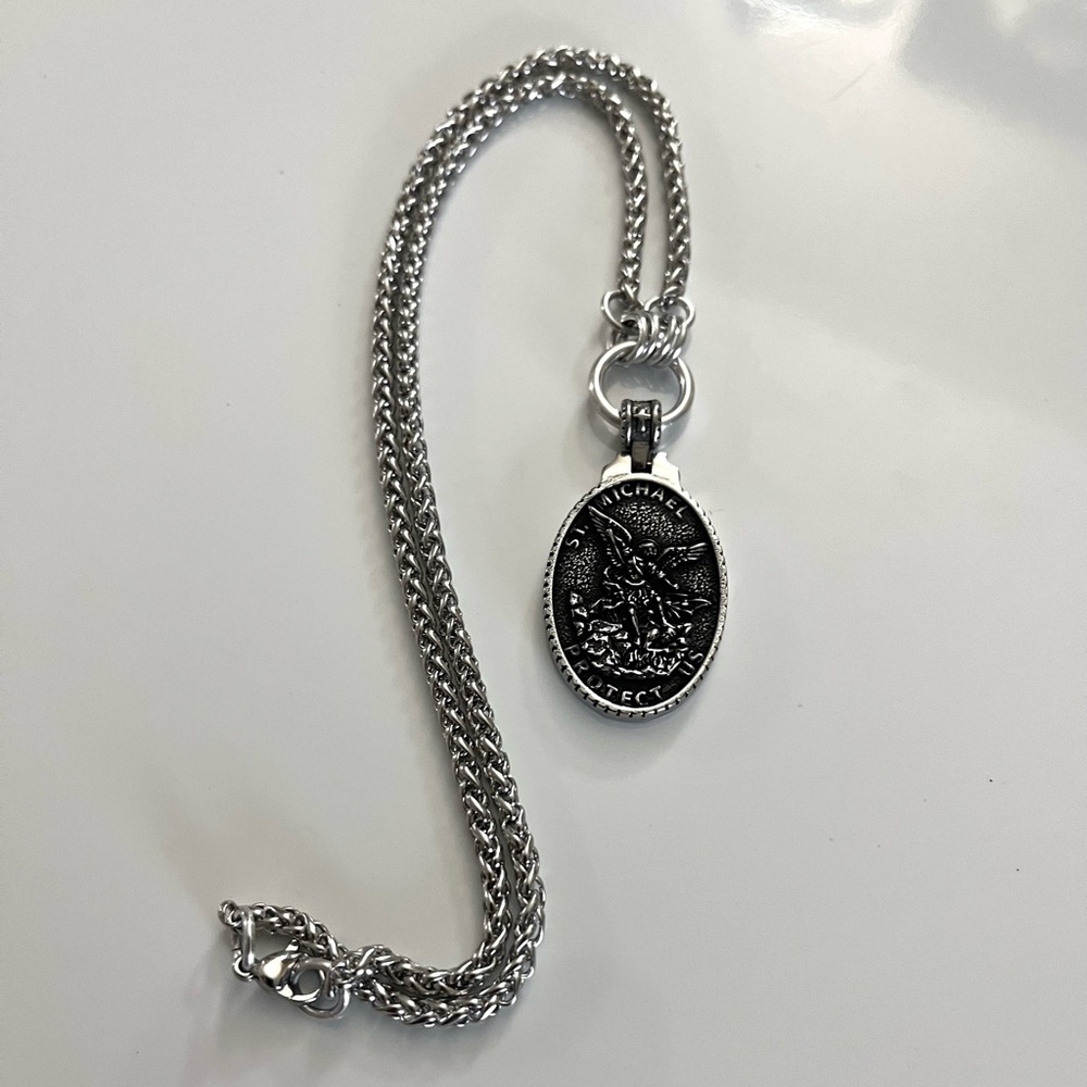 Handmade wheat chain stainless steel necklace with st Michael medal charm - Picture 6 of 13